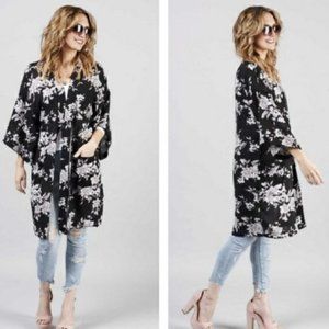 Spiritual Gangster Floral Kimono Robe Black & White OS Front Ties Beach Cover Up